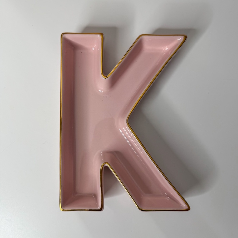 Fig & Fern Pink K Letter Trinket Dish with Gold Trim.
